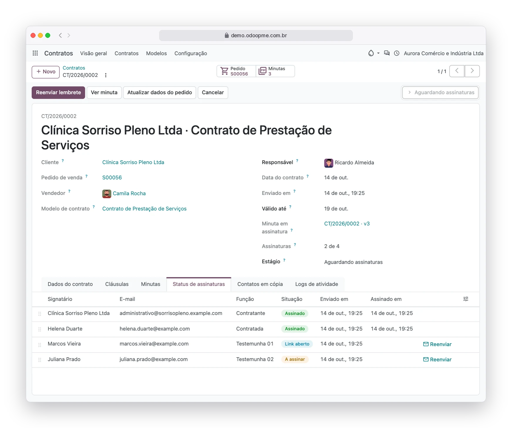 Status de assinaturas do contrato no Odoo180 com signatários assinados, link aberto e a assinar