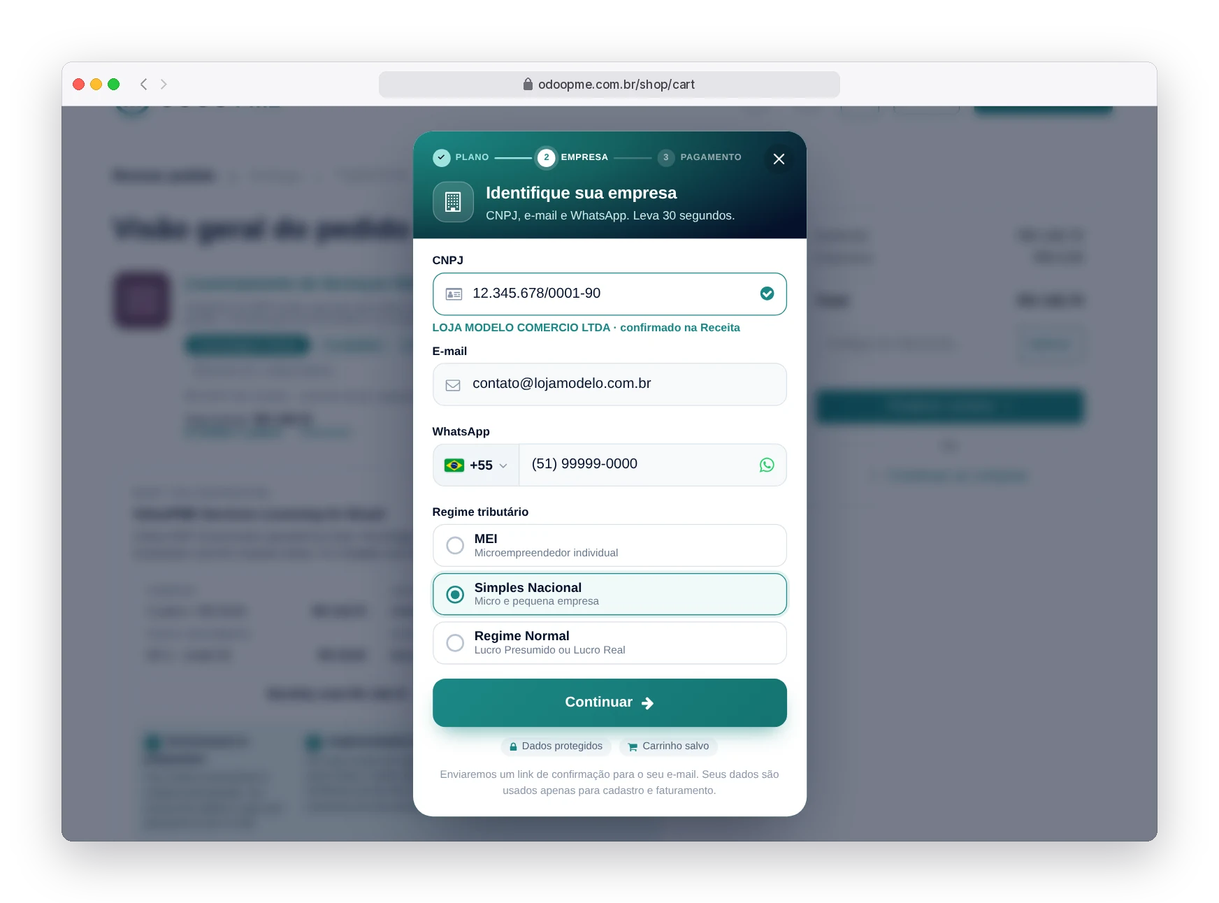 Janela de cadastro rápido do Odoo180 pedindo CNPJ, e-mail e regime tributário com as opções MEI, Simples Nacional e Regime Normal