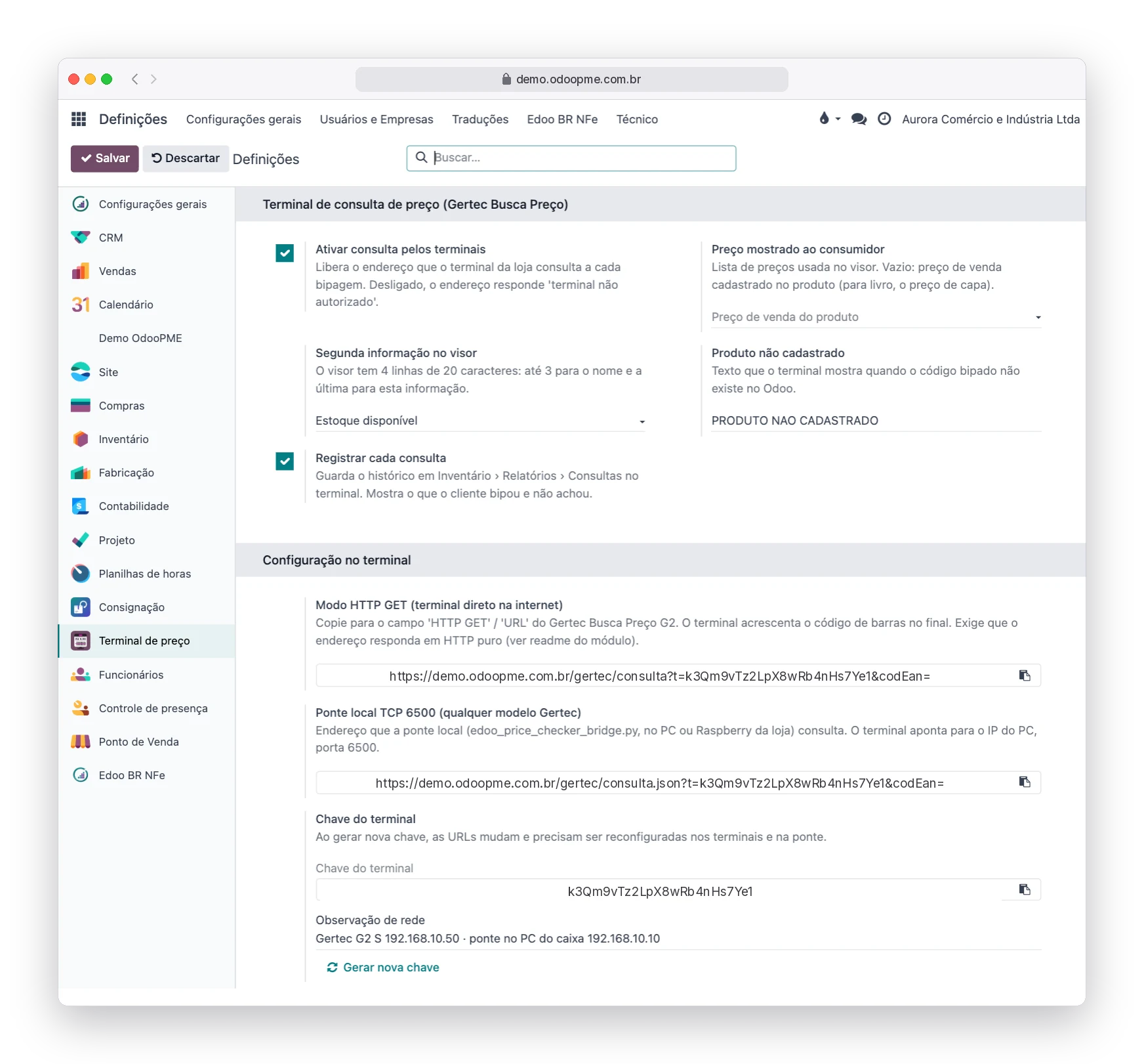 Tela de Definições do Odoo180 com a configuração do terminal de consulta de preço