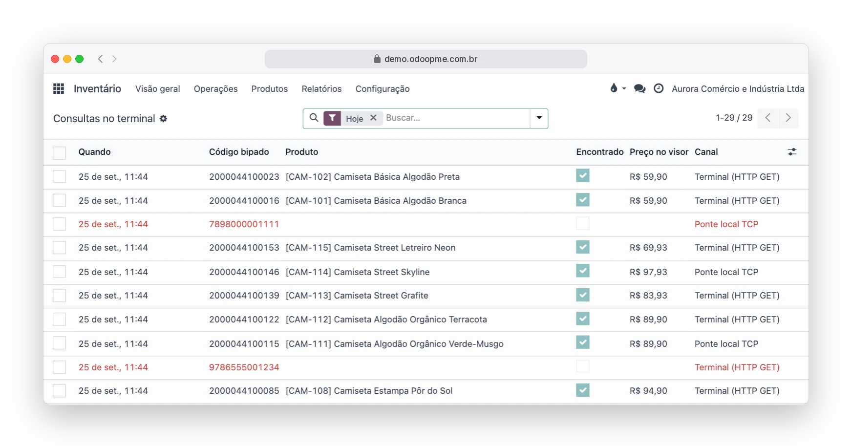 Relatório Consultas no terminal do Odoo180 com as bipagens do dia, preço mostrado e códigos não encontrados