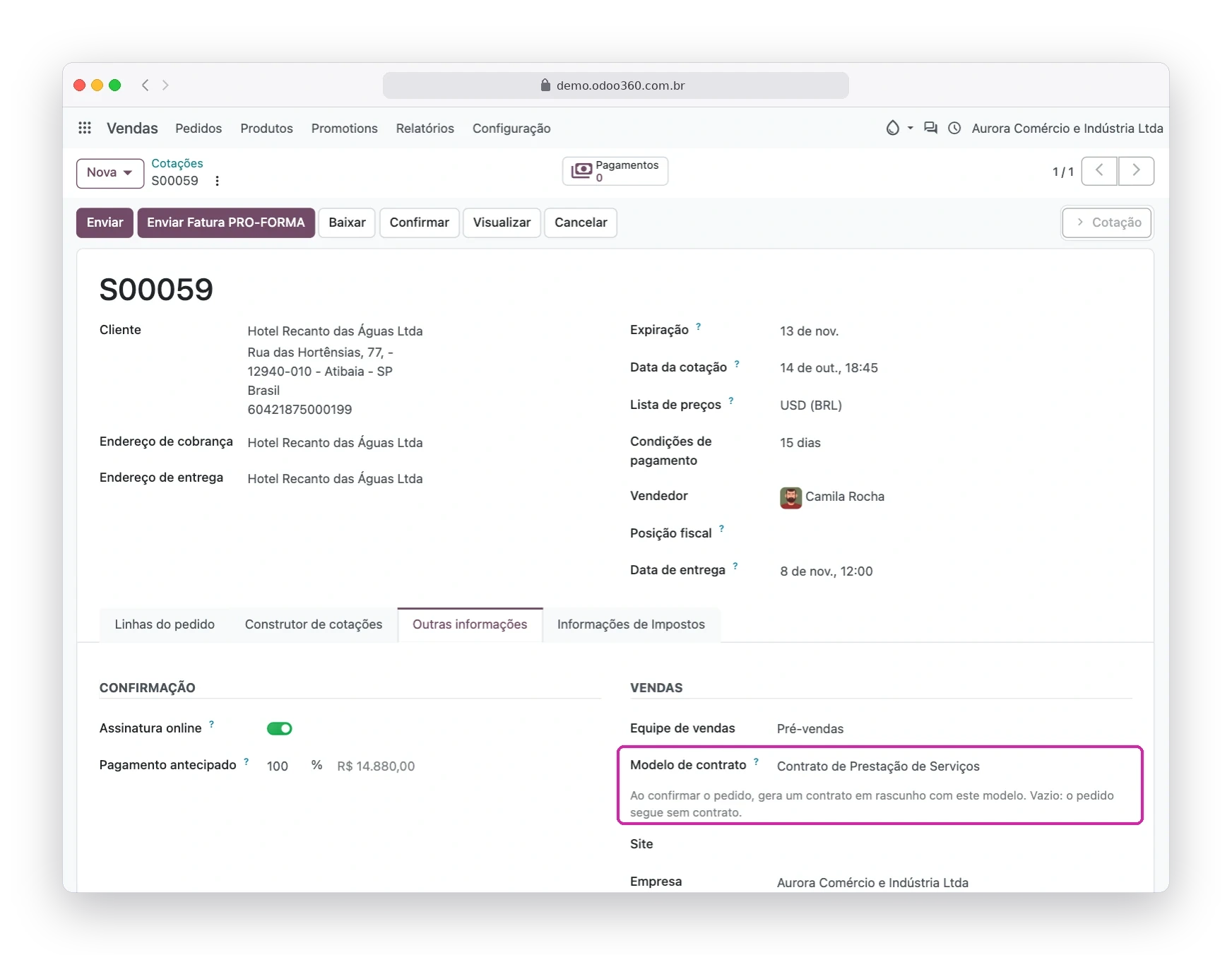 Pedido de venda do Odoo180 com o campo Modelo de contrato na aba Outras informações