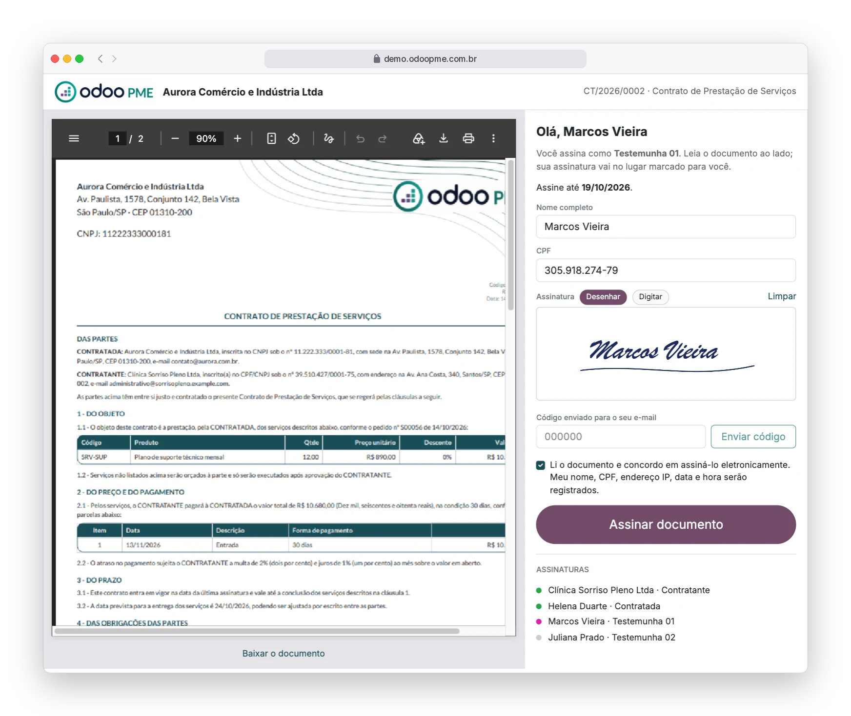 Página de assinatura eletrônica do contrato no Odoo180, com o documento ao lado, assinatura desenhada e código enviado por e-mail