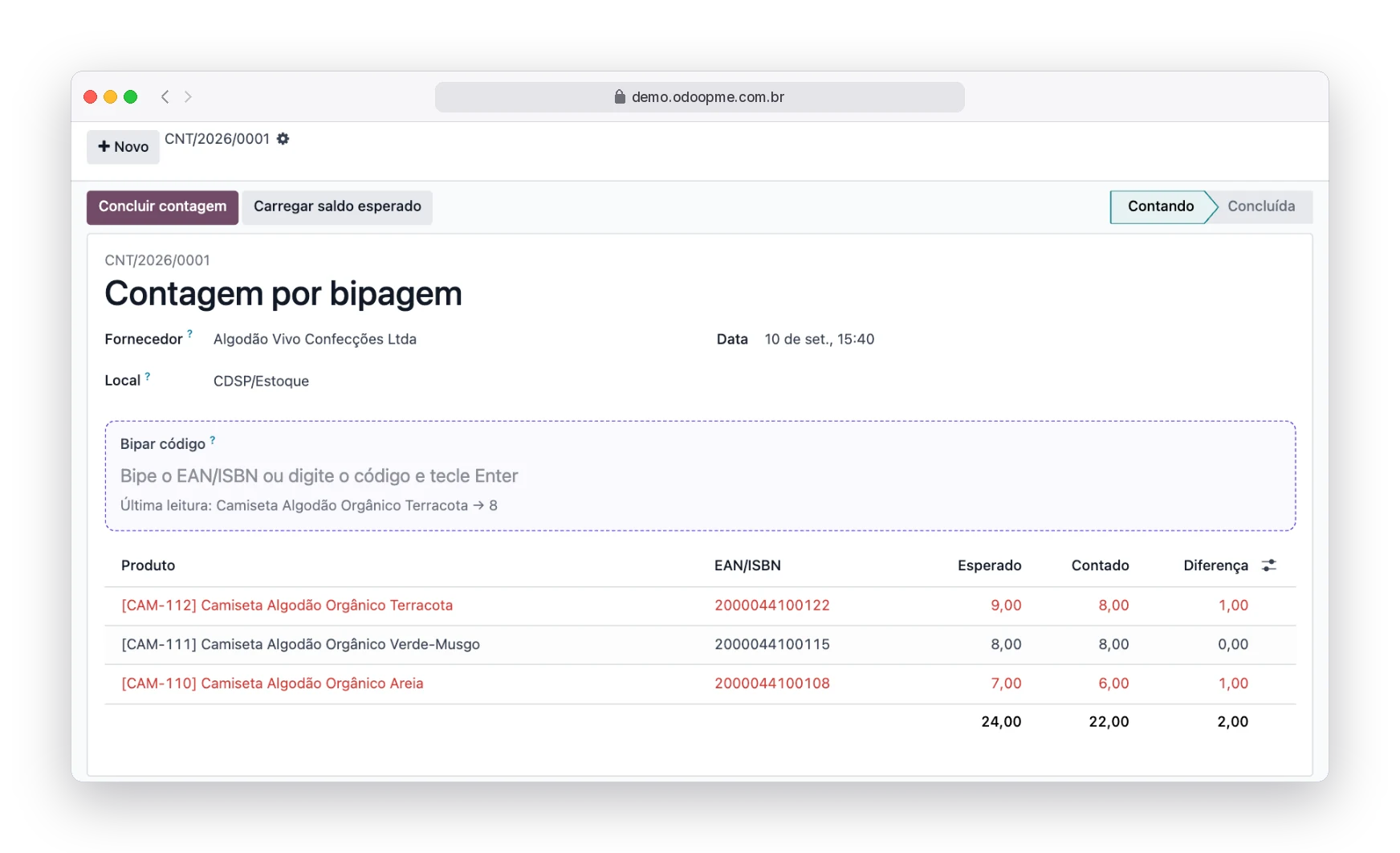 Contagem por bipagem com esperado, contado e diferença por produto