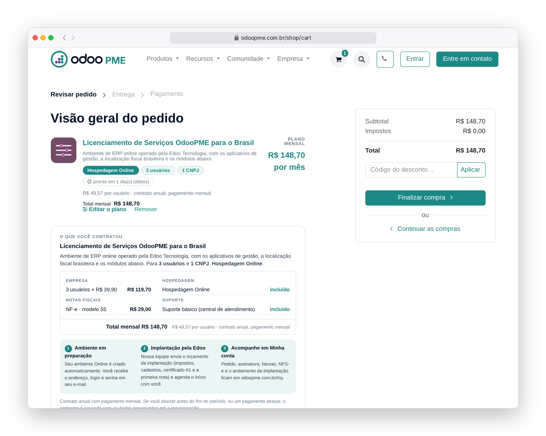 Carrinho com uma única linha do plano Odoo180 de R$ 148,70 por mês e o card da contratação